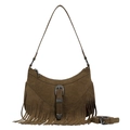 Brown faux suede shoulder bag with fringe detail and vintage buckle decoration - Brown