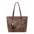 Large brown vintage tote bag with textured finish and cute plush monster charm - Coffee With Pendant