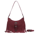Dark burgundy suede half-moon bag with leather tassels and vintage metal buckle detail - Burgundy