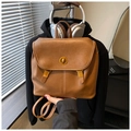 Brown vintage faux leather backpack featuring a golden turn-lock closure and large flap - Brown