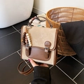 Retro beige and brown contrast crossbody bag with decorative vintage wooden beads - No Pendant / Khaki with Brown