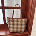 Grote geruite wollen draagtas met vintage bruine leren handvaten voor dames - Geruit Bruin