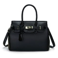 Minimalist black pebble leather satchel bag with gold hardware and detachable strap - Black