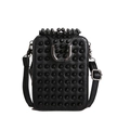Black punk crossbody bag with rivet studs and silver metal buckle in litchi grain leather - Vertical
