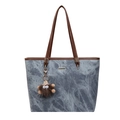 Blue marble texture tote bag with brown leather trim and cute furry monster charm - Blue with Pendant