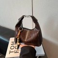 Deep brown woven leather Hobo handbag with metallic buckle and beaded tassel detail - Coffee With Pendant