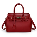 Red pebbled leather tote bag with gold twist-lock and detachable shoulder strap - Burgundy