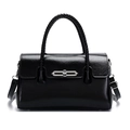 Elegant black glossy leather handbag with woven handle and silver buckle for women - Black