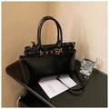Retro black faux leather handbag with gold buckle and removable shoulder strap - Black