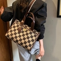 Retro checkered tote bag with brown leather straps and gold metal clasp closure - Checkered Brown