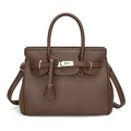 Brown litchi grain leather handbag with gold hardware and removable shoulder strap - Khaki
