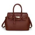 Brown litchi grain leather tote bag with gold hardware and detachable shoulder strap - Tan
