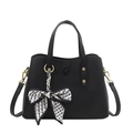 Chic black lychee grain handbag with gold hardware and geometric patterned silk scarf - Black