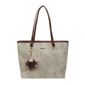 Large sage green tote bag with dark brown straps and furry monster charm accessory - Khaki and Brown With Charm