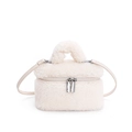 Mini white plush crossbody bag with furry texture and dual silver zippers for women - White (Without Charm)
