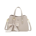 Taupe pebbled leather handbag with chic geometric silk scarf and crossbody strap - Cuba Sand