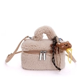 Mini beige plush faux fur handbag with single handle and cute teddy bear charm - Khaki (With Charm)
