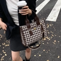 Fashion houndstooth tote bag with brown leather straps and gold metal accents - Houndstooth Coffee