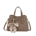 Taupe pebbled leather tote bag with silk scarf accent and gold metal hardware - Khaki