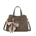 Dark brown textured leather tote bag with elegant decorative silk scarf and gold hardware - Mud Brown