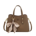 Dark brown pebbled leather handbag with decorative silk scarf and gold hardware - Mocha