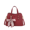 Deep red textured leather tote bag with silk scarf accent and golden hardware details - Red