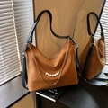 Brown faux suede tote bag with elegant pearl gold chain and minimalist shoulder strap - Brown