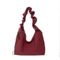Red checkered canvas hobo bag with unique ruffled strap and large capacity design - Red