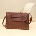 Retro brown crossbody bag with punk style square studs on geometric props - Dark Brown