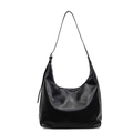 Glossy black hobo shoulder bag with pleated texture and adjustable strap for women - Black