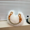 Chic white plush crescent handbag with elegant orange wooden bead woven handle for women - White
