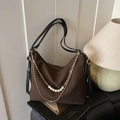 Dark coffee brown hobo bag with pearl gold chain accent for elegant commuting style - Brown