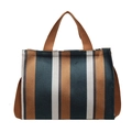 Grande borsa tote in tela a righe blu navy e caramello con tracolla staccabile - Blu