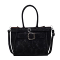 Retro black matte leather shoulder bag with decorative silver buckle straps for women - Black