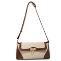 Bolso bandolera de cuero marrón y lona beige con hebilla dorada y correa larga - Marrón