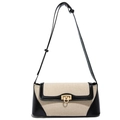 Bolso bandolera de lona beige con ribete de cuero negro y cierre giratorio dorado - Negro