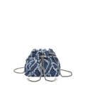 Blue denim bucket bag with quilted fringe texture, chain strap and pearl drawstring detail - Blue