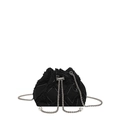 Black denim bucket bag with diamond quilting, silver chain strap and pearl drawstring detail - Black