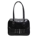 Vintage-Schultertasche in Schwarz mit dreifachen Metallschnallen und glänzender Knitteroptik - Schwarz