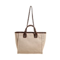 Grande borsa tote in tela beige con finiture in pelle marrone e tracolla a catena - Marrone