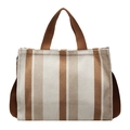 Grande borsa tote in tela a righe verticali beige e grigie con manici marroni - Bianco Sporco