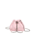 Pink denim drawstring bucket bag with quilted texture and pearl chain strap detail - Pink