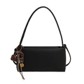 Minimalist black leather baguette bag with heart pendant and smiley charm on strap - Black (Without Charm)