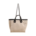 Grande borsa tote in tela beige con finiture in pelle nera e tracolla a catena - Nero