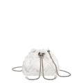 White quilted drawstring bucket bag with pearl details and silver chain strap - White