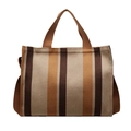 Borsa tote a righe verticali in tela marrone e beige con doppi manici e tracolla regolabile - Cachi
