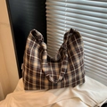 Sac cabas en toile à carreaux marron et bleu avec poignée nouée et étiquette faite main - Kaki