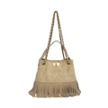 Beige quilted suede shoulder bag with long fringes and gold-tone chain strap for women - Khaki