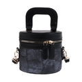 Elegante borsa a secchiello in pelle PU nera e denim con dettagli dorati e manico tondo - Blu