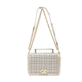 Elegant white tweed flap bag with pearl trim and gold chain strap for women fashion - Off White